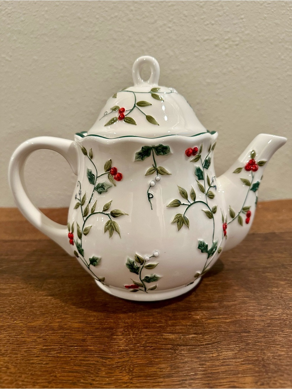 Christmas White Ceramic Teapot with Green Leaf and Red Berry Motif